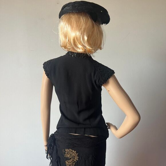 Vintage Black Feather Saucer Wide Brim Hat Under-Hat 40s 50s Rhinestone Crystals